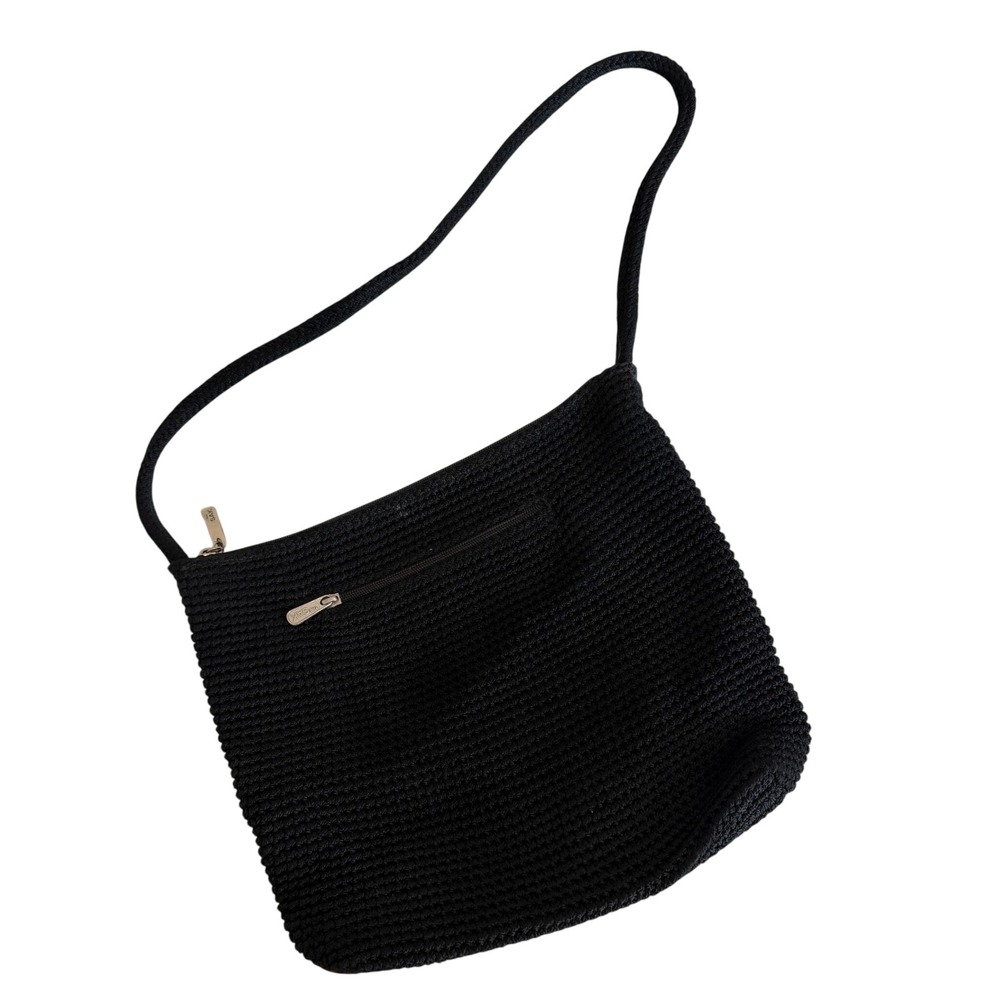 The Sak Black Crochet Knit Hobo Shoulder Bag Zip Top Woven Handbag Y2K Style